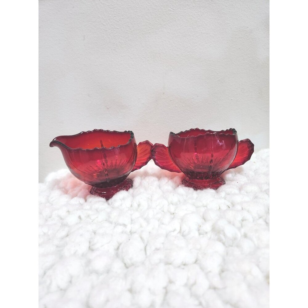 Ruby Red Glass Cream Sugar Set: 1930s New Martinsville Radiance